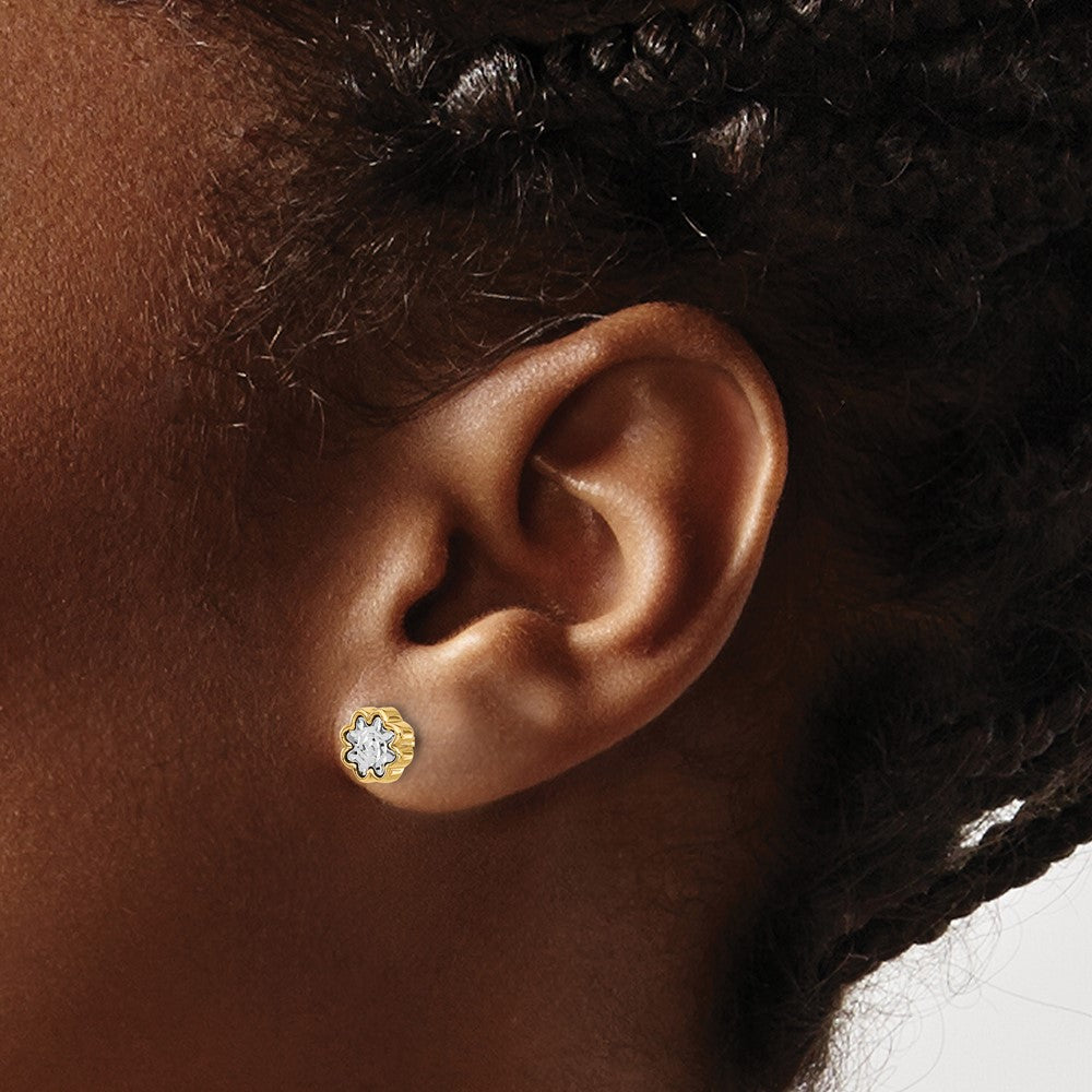 14K Two Tone Polished And Diamond Cut Flower Post Earrings
