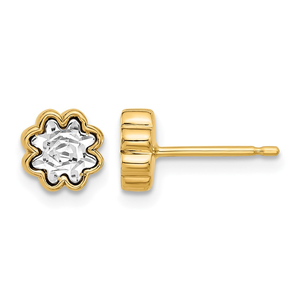 14K Two Tone Polished And Diamond Cut Flower Post Earrings