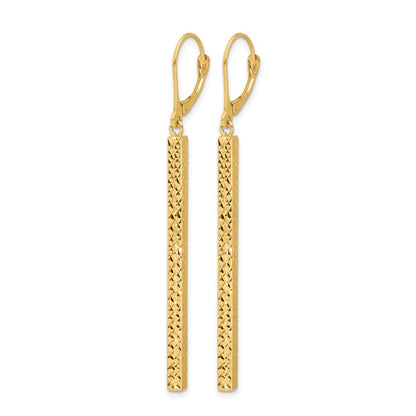 14K Yellow Gold Polished And Diamond Cut Bar Dangle Leverback Earrings