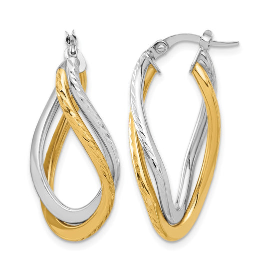 14K Yellow & Rhodium With Polished And Diamond Cut Twist Hoop Earrings