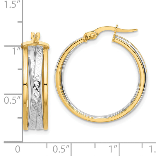 14K Yellow & Rhodium With Polished And Diamond Cut Hoop Earrings