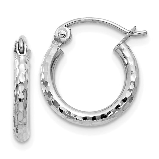 14K White Gold Diamond Cut 2mm Round Tube Hoop Earrings
