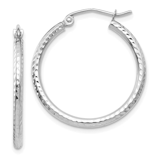 14K White Gold Diamond Cut 2mm Round Tube Hoop Earrings
