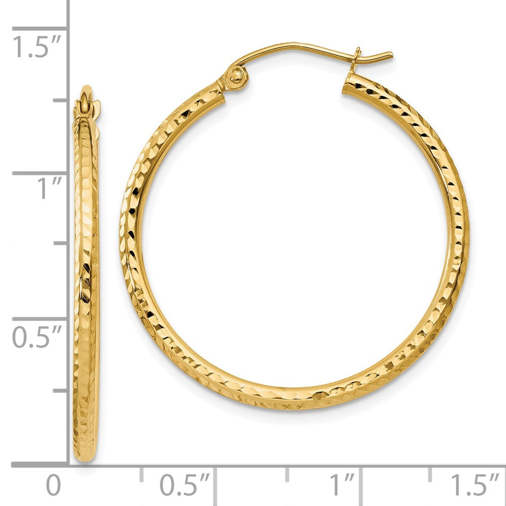 14K Yellow Gold Diamond Cut 2mm Round Tube Hoop Earrings