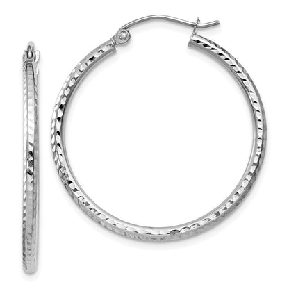 14K White Gold Diamond Cut 2mm Round Tube Hoop Earrings