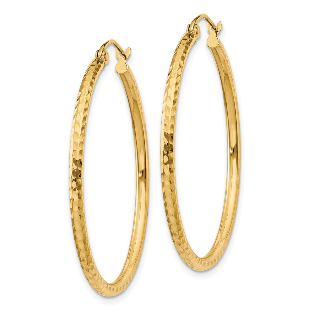 14K Yellow Gold Diamond Cut 2mm Round Tube Hoop Earrings