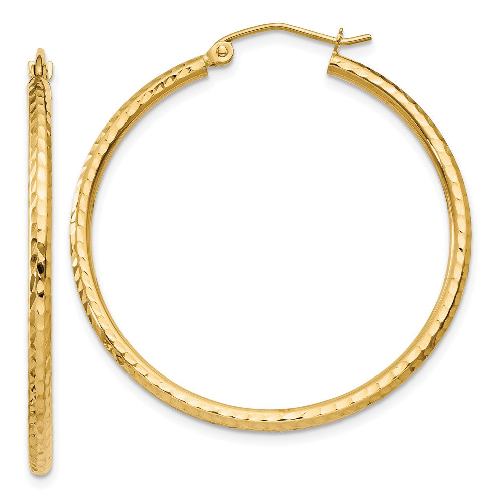 14K Yellow Gold Diamond Cut 2mm Round Tube Hoop Earrings