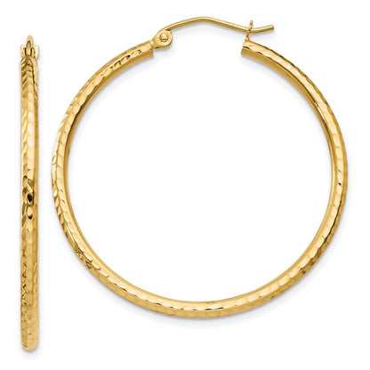 14K Yellow Gold Diamond Cut 2mm Round Tube Hoop Earrings