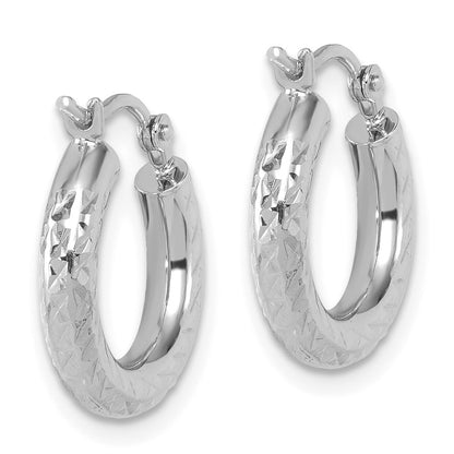 14K White Gold Diamond Cut 3mm Round Hoop Earrings