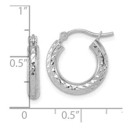 14K White Gold Diamond Cut 3mm Round Hoop Earrings