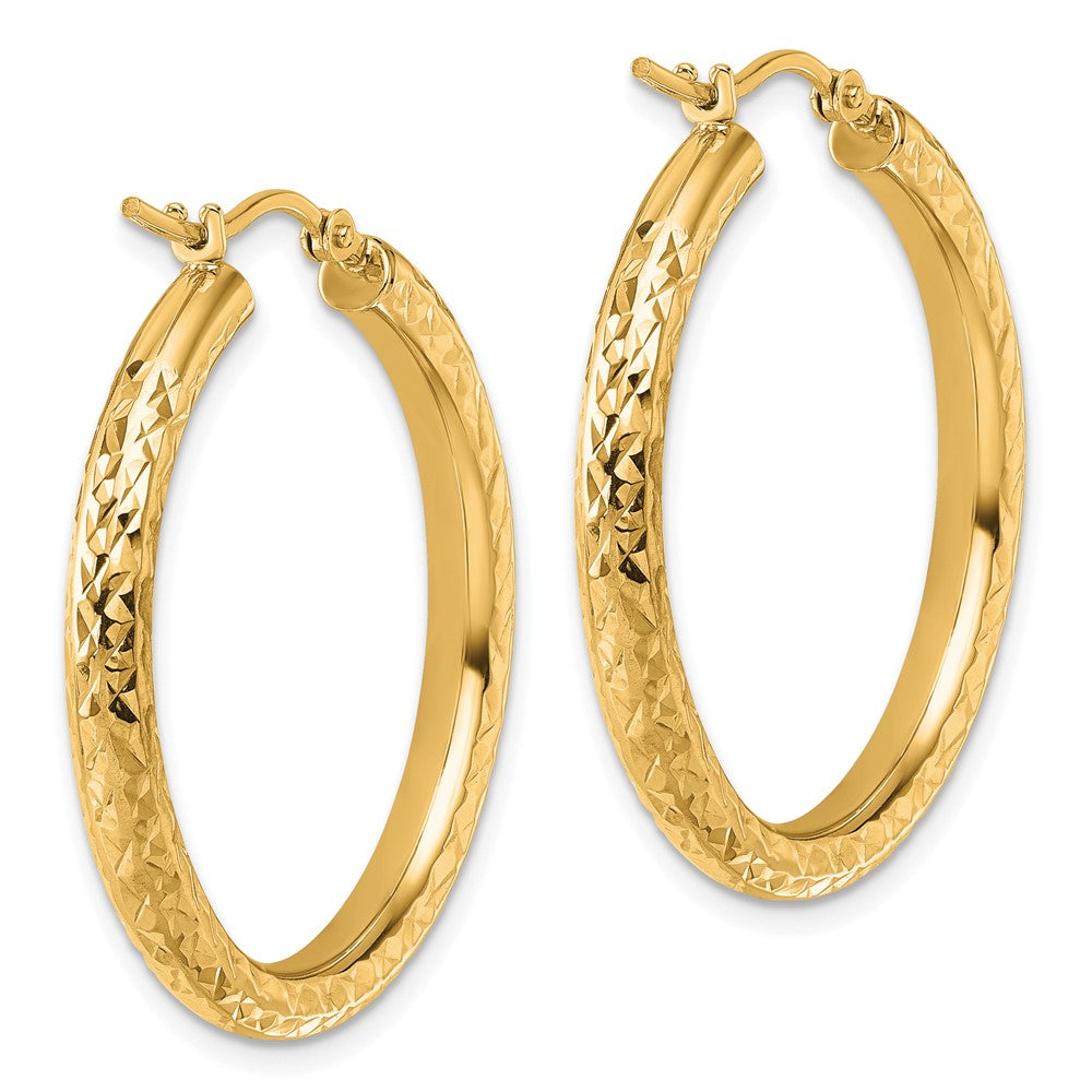 14K Yellow Gold Diamond Cut 3mm Round Hoop Earrings