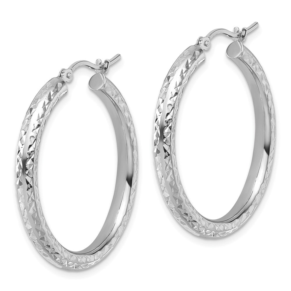 14K White Gold Diamond Cut 3mm Round Hoop Earrings