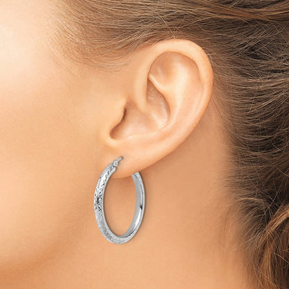 14K White Gold Diamond Cut 3mm Round Hoop Earrings
