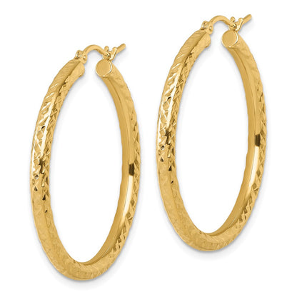 14K Yellow Gold Diamond Cut 3mm Round Hoop Earrings