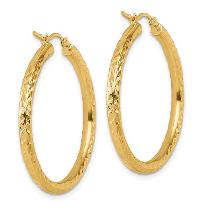 14K Yellow Gold Diamond Cut 3mm Round Hoop Earrings