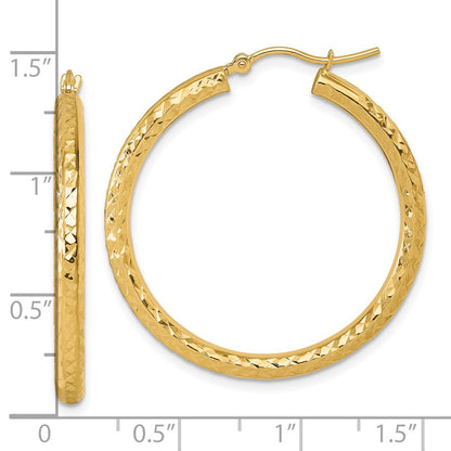 14K Yellow Gold Diamond Cut 3mm Round Hoop Earrings