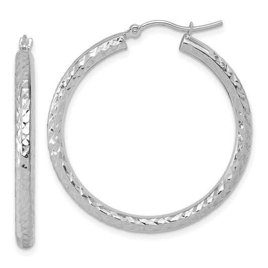 14K White Gold Diamond Cut 3mm Round Hoop Earrings
