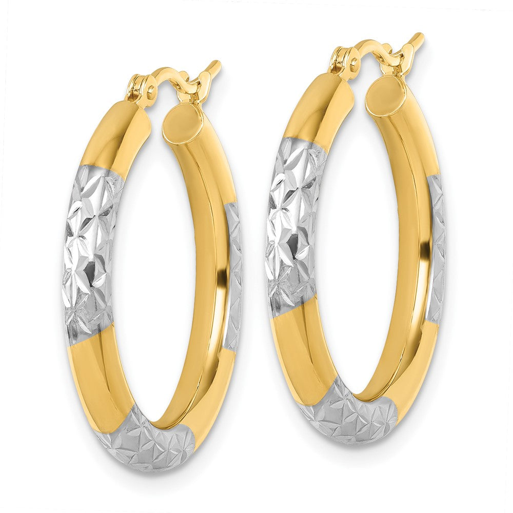 14K Yellow & Rhodium With Diamond Cut 3mm Hoop Earrings