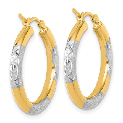 14K Yellow & Rhodium With Diamond Cut 3mm Hoop Earrings