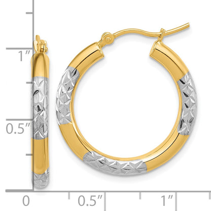 14K Yellow & Rhodium With Diamond Cut 3mm Hoop Earrings