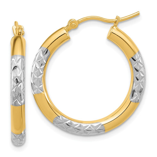14K Yellow & Rhodium With Diamond Cut 3mm Hoop Earrings