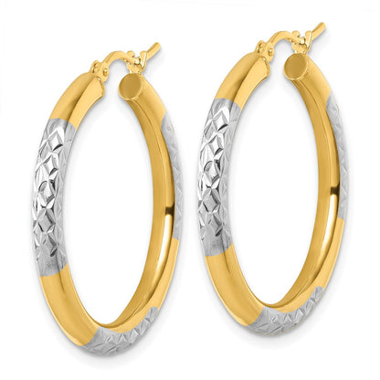 14K Yellow & Rhodium With Diamond Cut 3mm Hoop Earrings