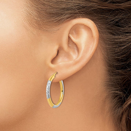 14K Yellow & Rhodium With Diamond Cut 3mm Hoop Earrings
