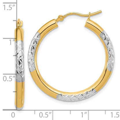 14K Yellow & Rhodium With Diamond Cut 3mm Hoop Earrings