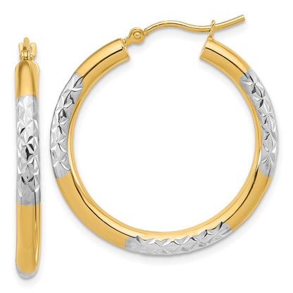 14K Yellow & Rhodium With Diamond Cut 3mm Hoop Earrings