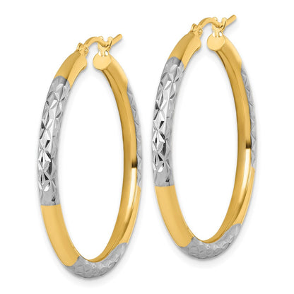 14K Yellow & Rhodium With Diamond Cut 3mm Hoop Earrings