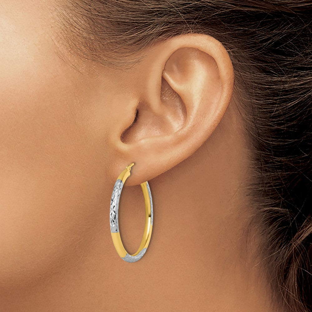 14K Yellow & Rhodium With Diamond Cut 3mm Hoop Earrings