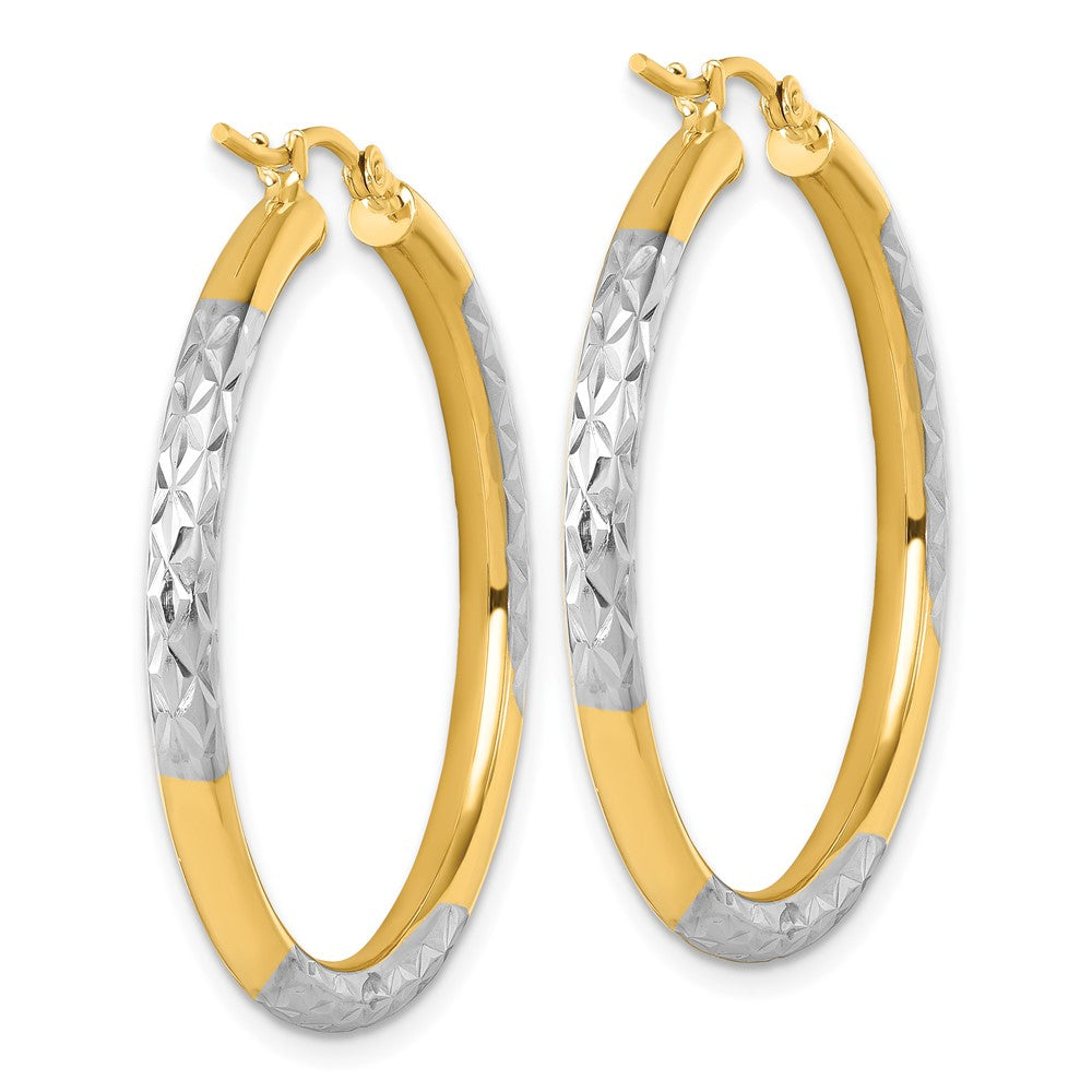 14K Yellow & Rhodium With Diamond Cut 3mm Hoop Earrings