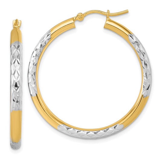 14K Yellow & Rhodium With Diamond Cut 3mm Hoop Earrings