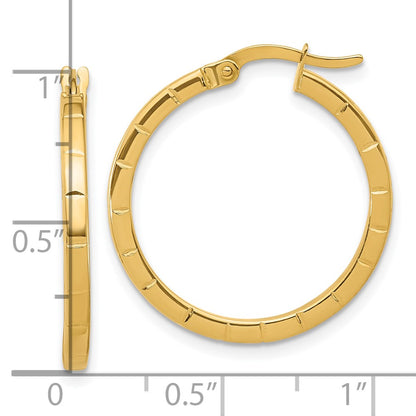 14K Yellow Gold Polished And Grooved Round Hoop Earrings