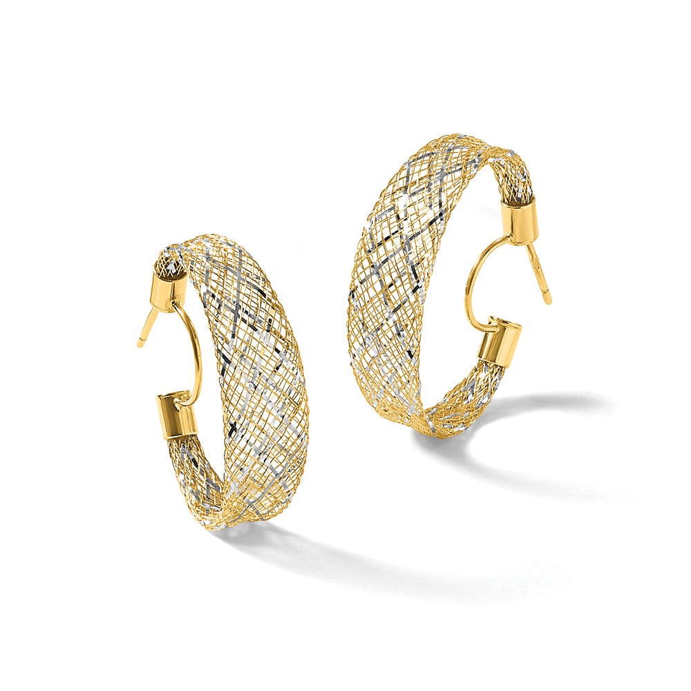 14K Yellow & Rhodium Braided Mesh Stretch Post Hoop Earrings