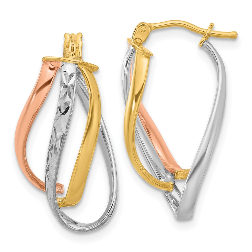 14K Yellow & Rhodium With White And Rose Gold Plating Polished Diamond Cut Fancy Hoop Earrings