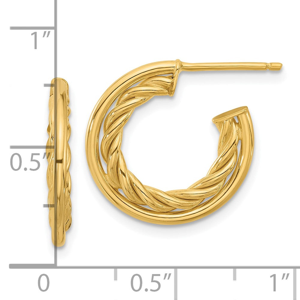 14K Yellow Gold Polished And Textured J Hoop Post Earrings