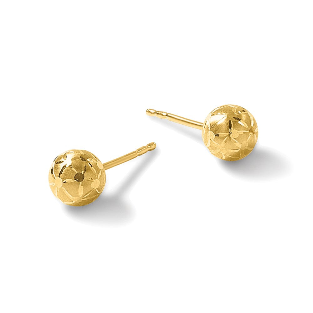 14K Yellow Gold Polished/Satin And Diamond Cut Ball Post Earrings