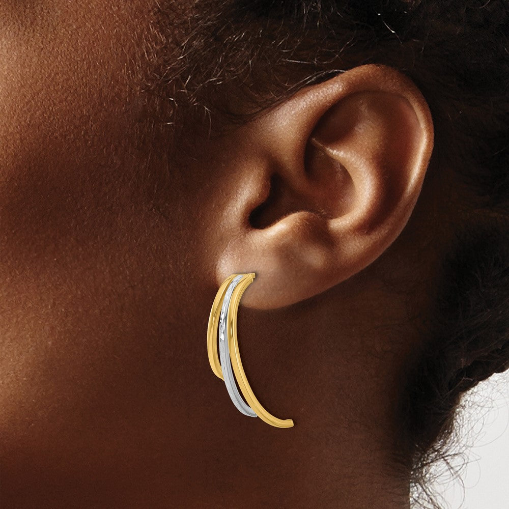 14K Yellow & Rhodium Polished And D/C 3 Row Drop Post Earrings