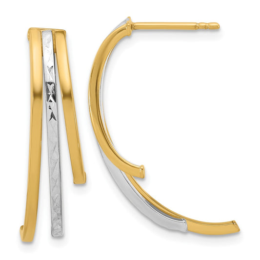 14K Yellow & Rhodium Polished And D/C 3 Row Drop Post Earrings