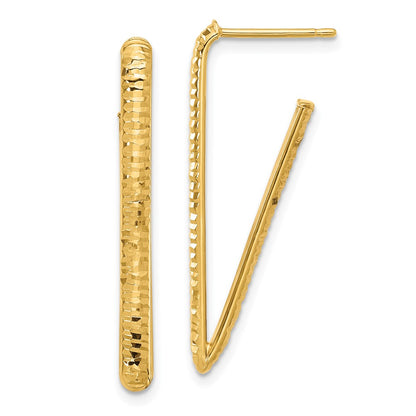 14K Yellow Gold Polished And Diamond Cut Triangle J Hoop Post Earrings