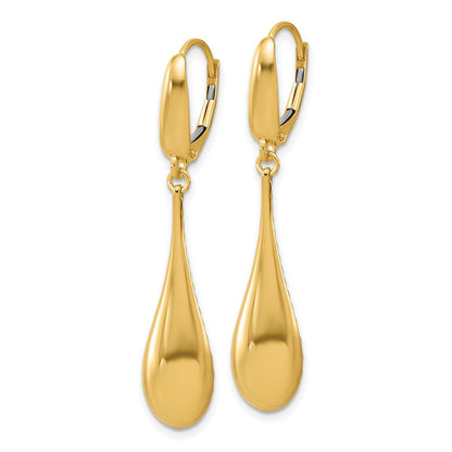14K Yellow Gold Polished Teardrop Dangle Leverback Earrings