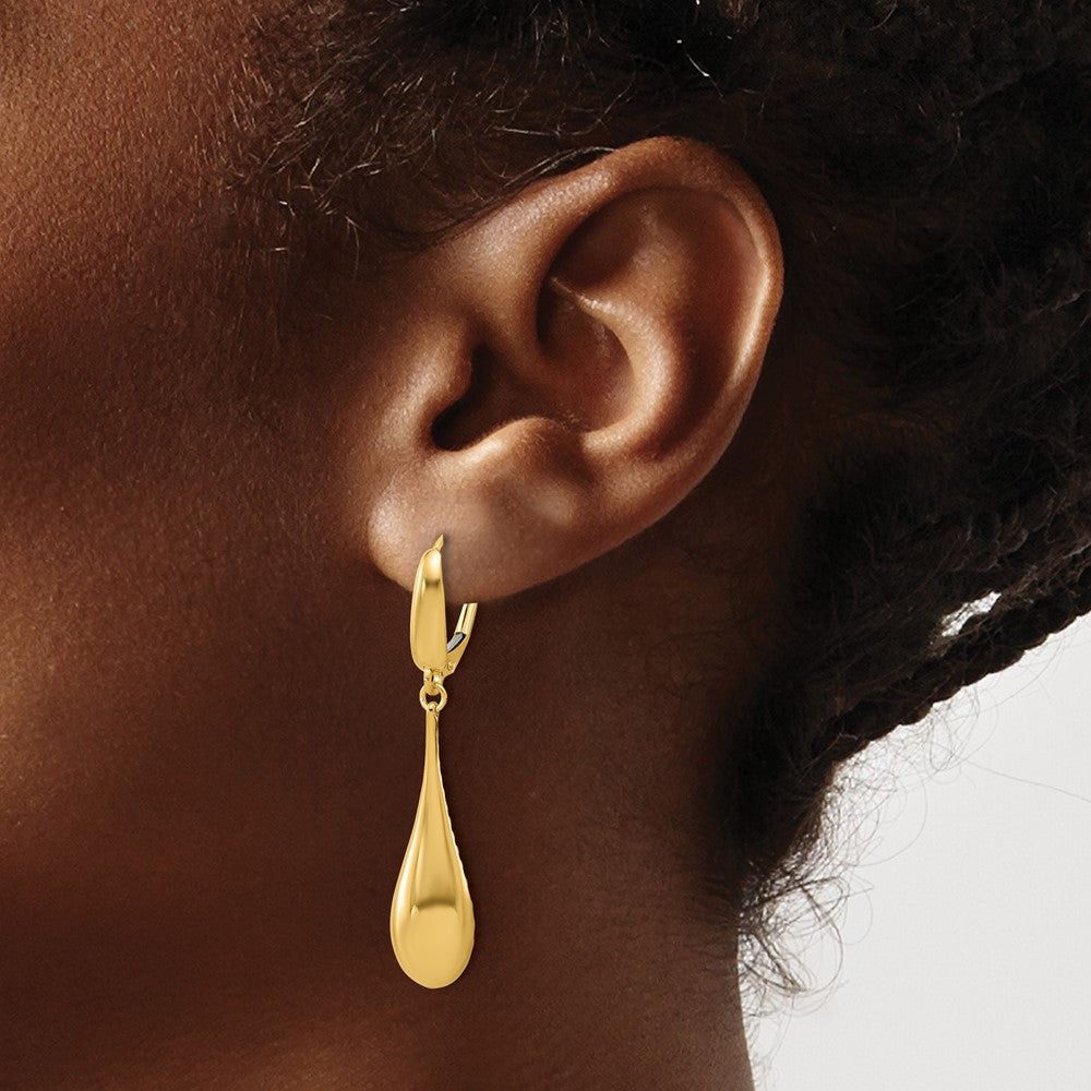 14K Yellow Gold Polished Teardrop Dangle Leverback Earrings