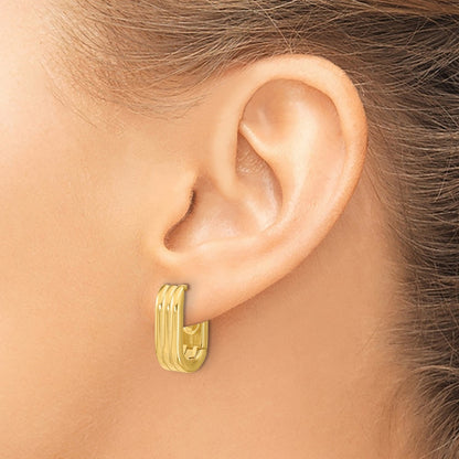 14K Yellow Gold Polished / Grooved Hinged Huggie Hoop Earrings