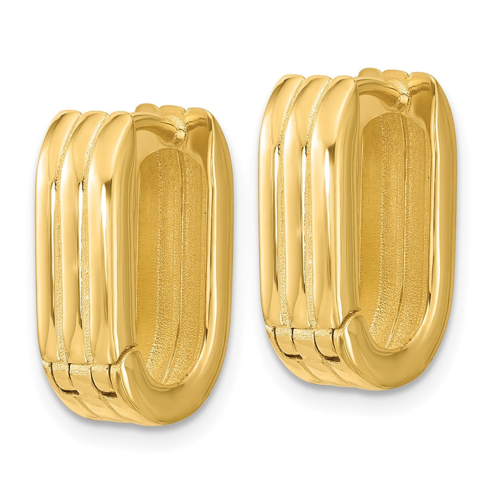 14K Yellow Gold Polished / Grooved Hinged Huggie Hoop Earrings