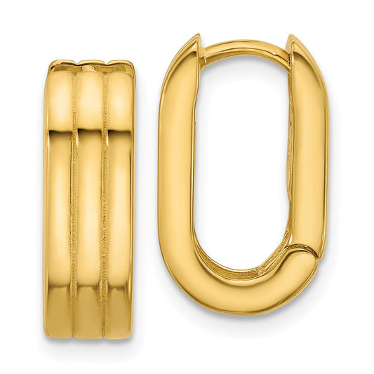 14K Yellow Gold Polished / Grooved Hinged Huggie Hoop Earrings