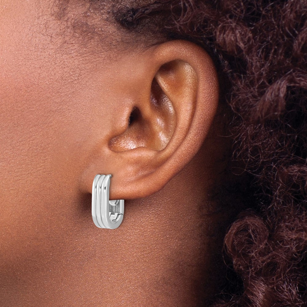 14K White Gold Wg Polished / Grooved Hinged Huggie Hoop Earrings