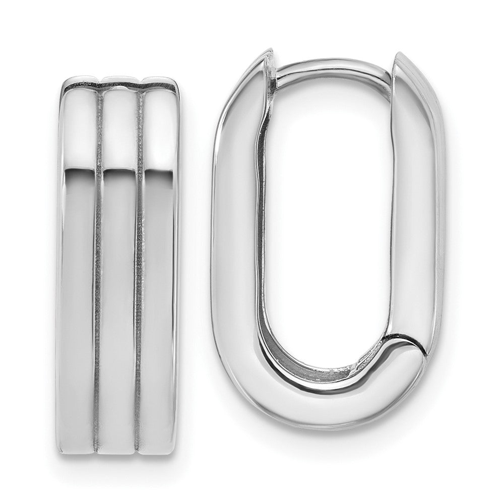 14K White Gold Wg Polished / Grooved Hinged Huggie Hoop Earrings