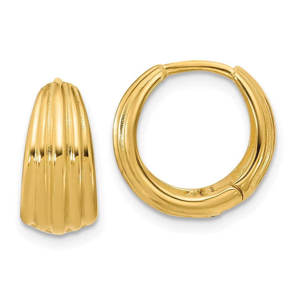 14K Yellow Gold Polished/Grooved Round Huggie Hoop Earrings