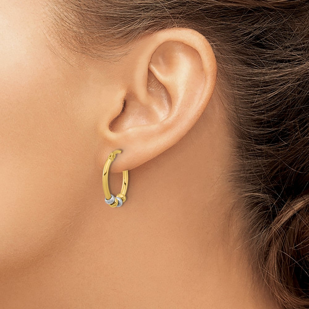14K Two Tone Polished With Beads Oval Hoop Earrings